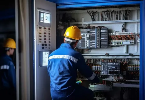 فني كهربائي سرة يفحص لوحة توزيع كهربائية داخل منزل بالكويت